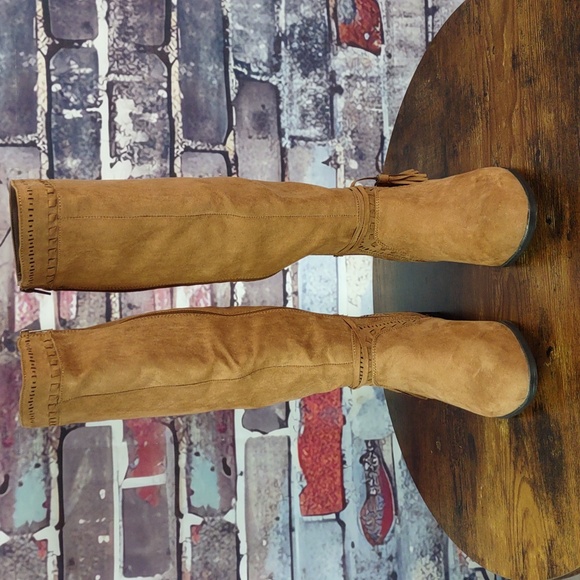Just Fab "Walk The Line" Cognac Faux Suede Boots - Picture 2 of 14